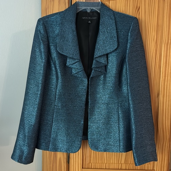 NIPON BOUTIQUE DOPAMINE OMBRE-SHINE RUFFLE FRONT BLAZER JACKET WOMENS 10 BLUE - Picture 12 of 16